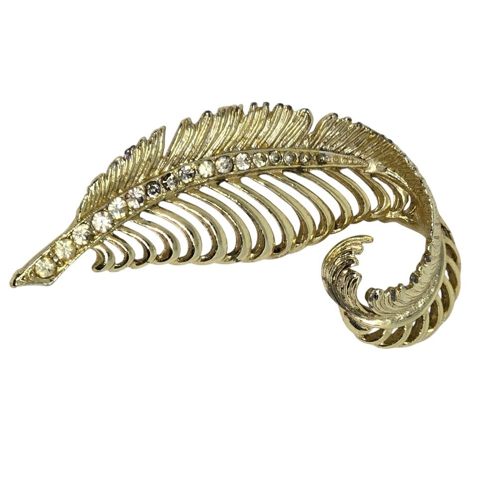 Vintage Gold Tone Rhinestone‎ Feather Brooch Pin Curled Leaf Design